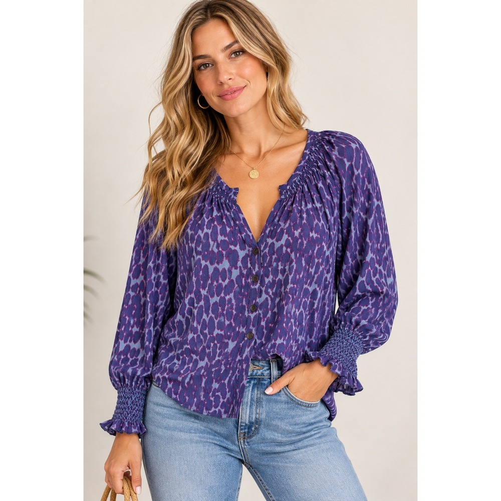 Rails Leopard Print Blouse Women Small Boho Purple Blue Smocked Cuff Button Down